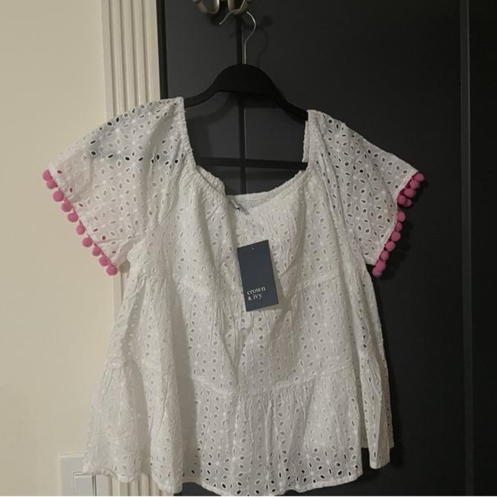 Crown & Ivy White Eyelet Blouse with Pink Trim